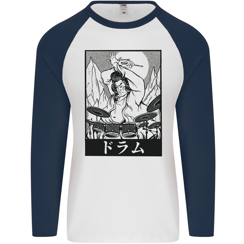 Sumo Wrestler Drummer Drumming Drum Mens L/S Baseball T-Shirt White/Navy Blue