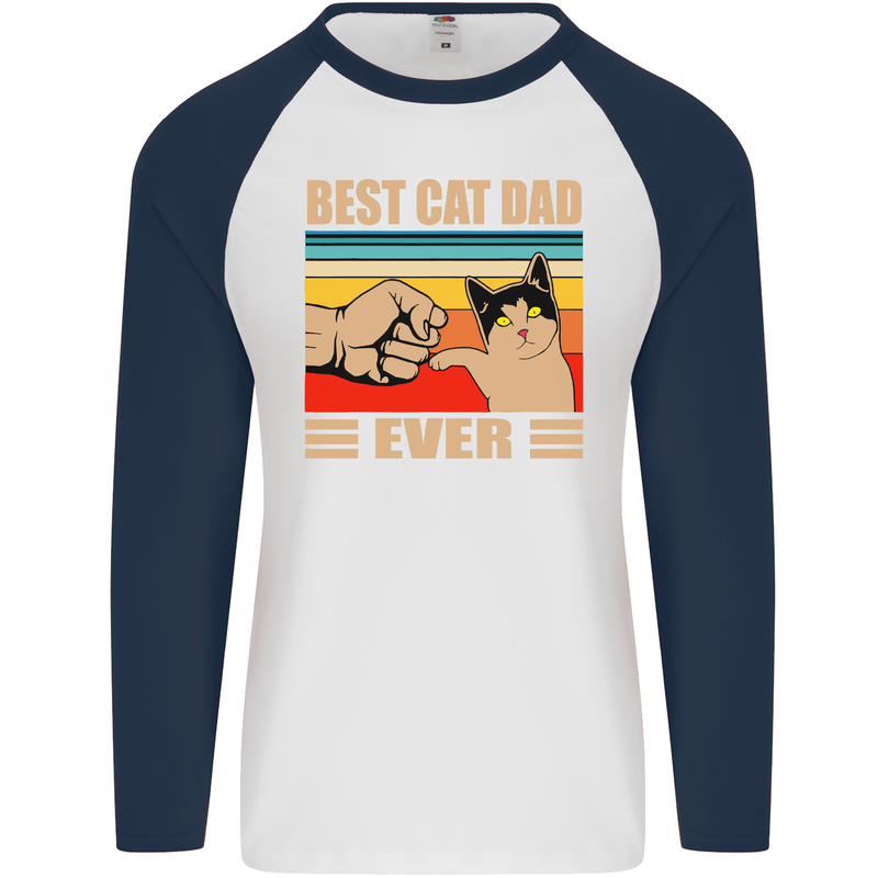 Best Cat Dad Ever Funny Father's Day Mens L/S Baseball T-Shirt White/Navy Blue