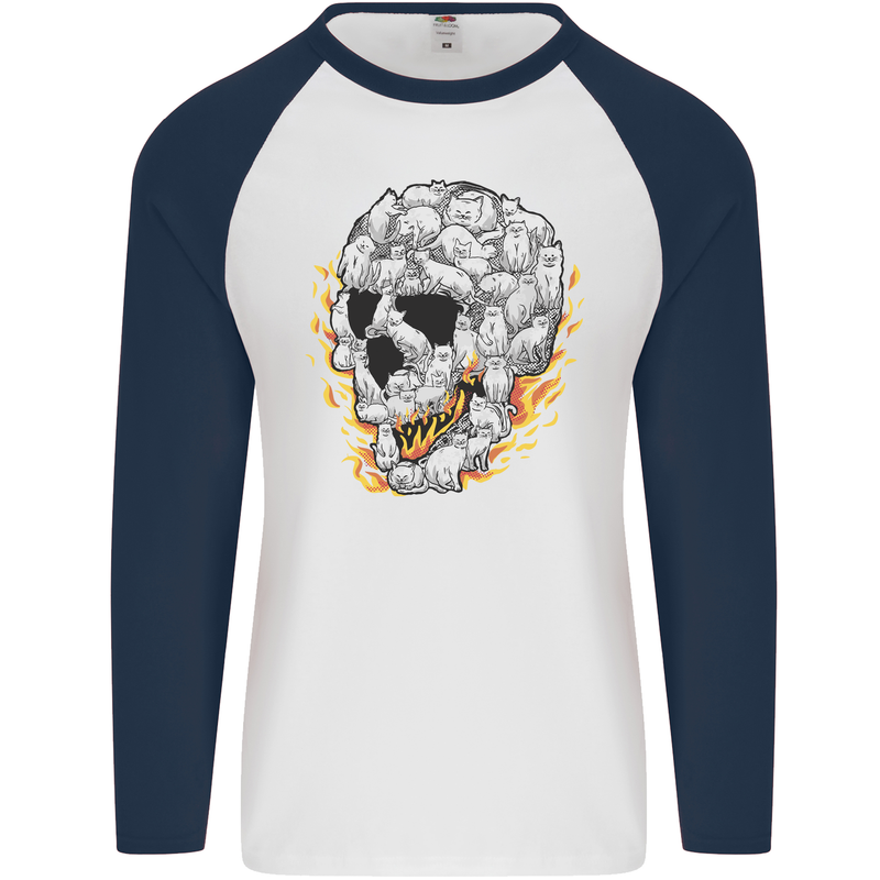 Fire Skull Made of Cats Mens L/S Baseball T-Shirt White/Navy Blue