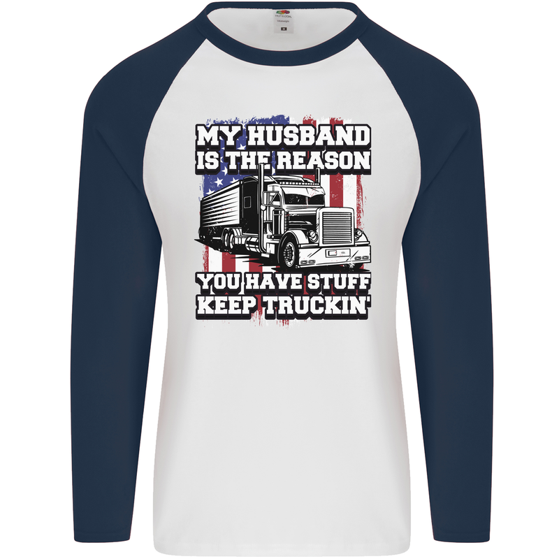 Truck Driver Funny USA Flag Lorry Driver Mens L/S Baseball T-Shirt White/Navy Blue
