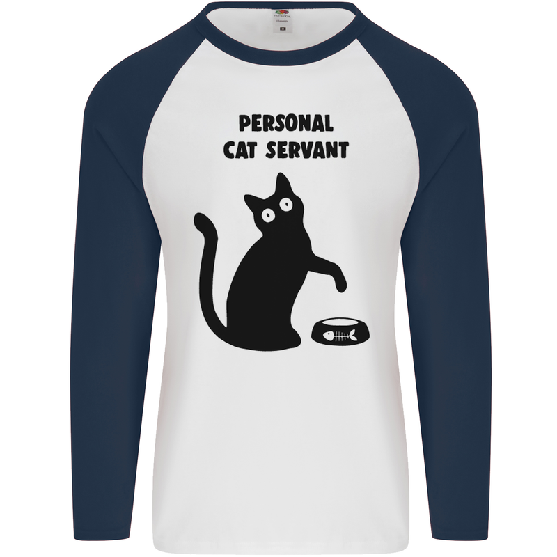 Personal Cat Servant Funny Pet Mens L/S Baseball T-Shirt White/Navy Blue