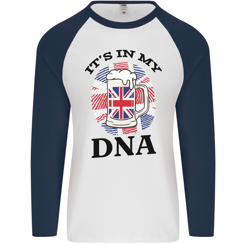 British Beer It's in My DNA Union Jack Flag Mens L/S Baseball T-Shirt White/Navy Blue