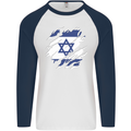 Torn Israel Flag Israeli Day Football Mens L/S Baseball T-Shirt White/Navy Blue