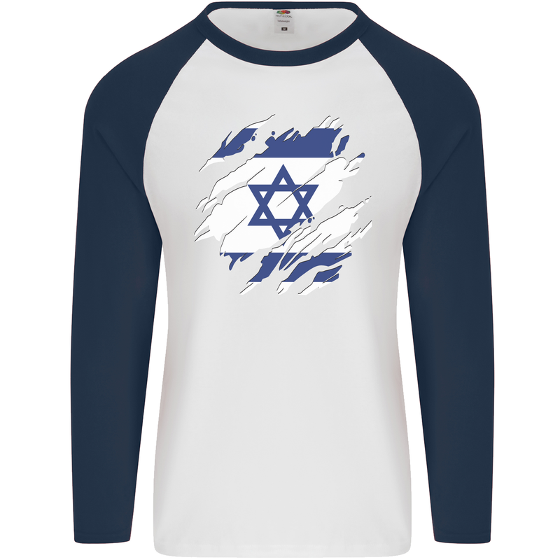 Torn Israel Flag Israeli Day Football Mens L/S Baseball T-Shirt White/Navy Blue