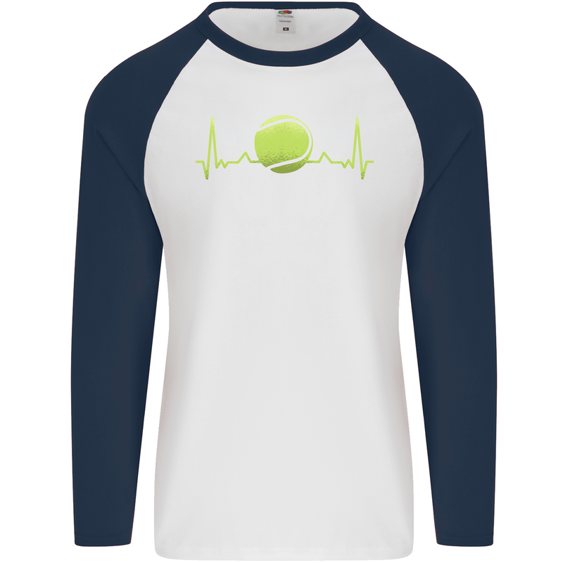 Tennis Player ECG Pulse Mens L/S Baseball T-Shirt White/Navy Blue