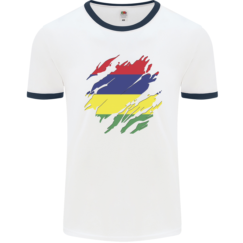 Torn Mauritius Flag Mauritians Day Football Mens Ringer T-Shirt White/Navy Blue