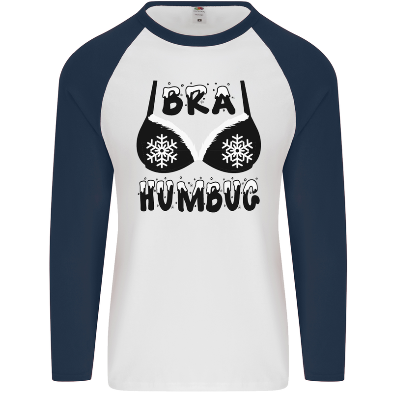 Bra Humbug Snowflake Funny Christmas Mens L/S Baseball T-Shirt White/Navy Blue