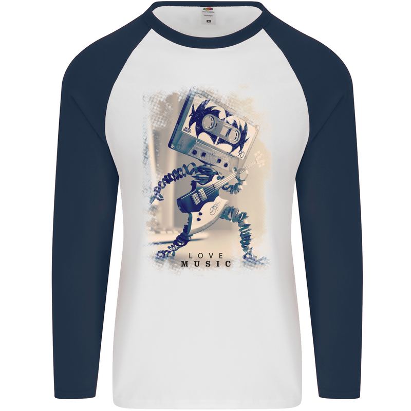 Love Music Rock n Roll Guitar Mens L/S Baseball T-Shirt White/Navy Blue