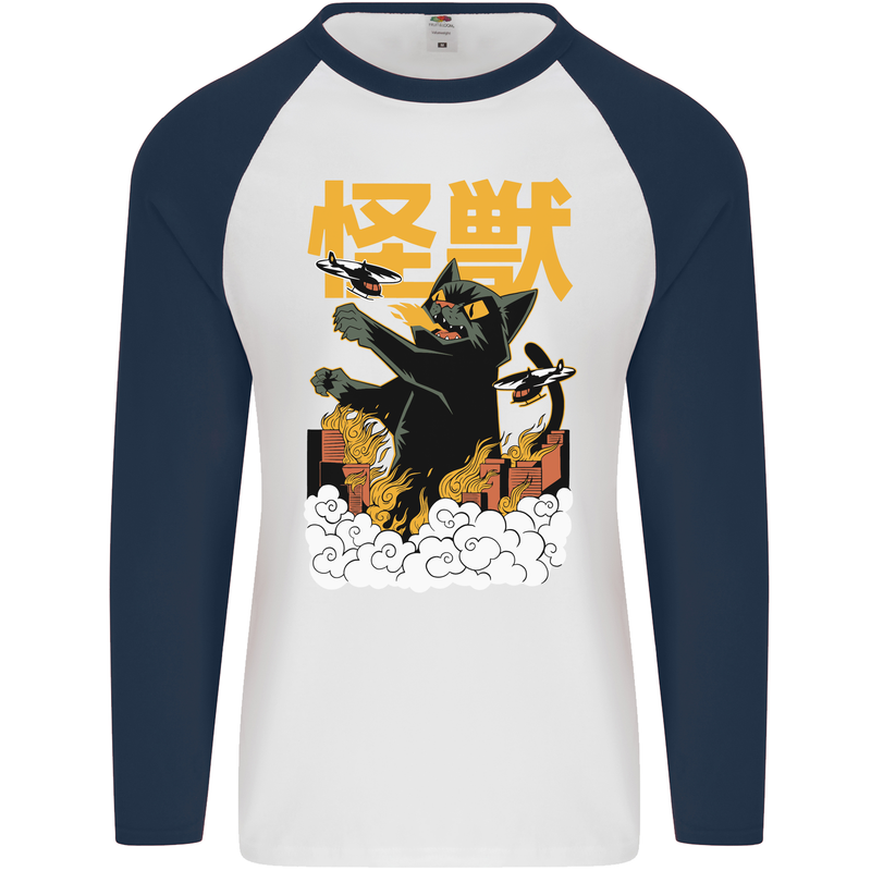 Catzilla Funny Cat Monster Parody Mens L/S Baseball T-Shirt White/Navy Blue