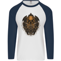 Cthulhu Octopus Kraken Devil Skull Demon Mens L/S Baseball T-Shirt White/Navy Blue