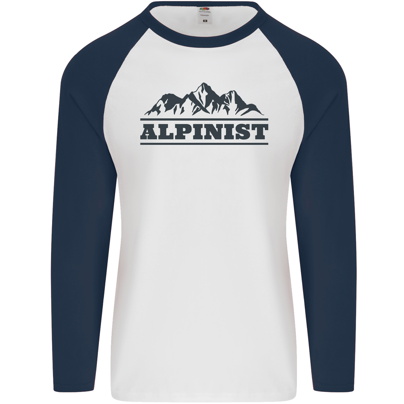 Mountains Alpinist Hiking Climbing Climber Mens L/S Baseball T-Shirt White/Navy Blue