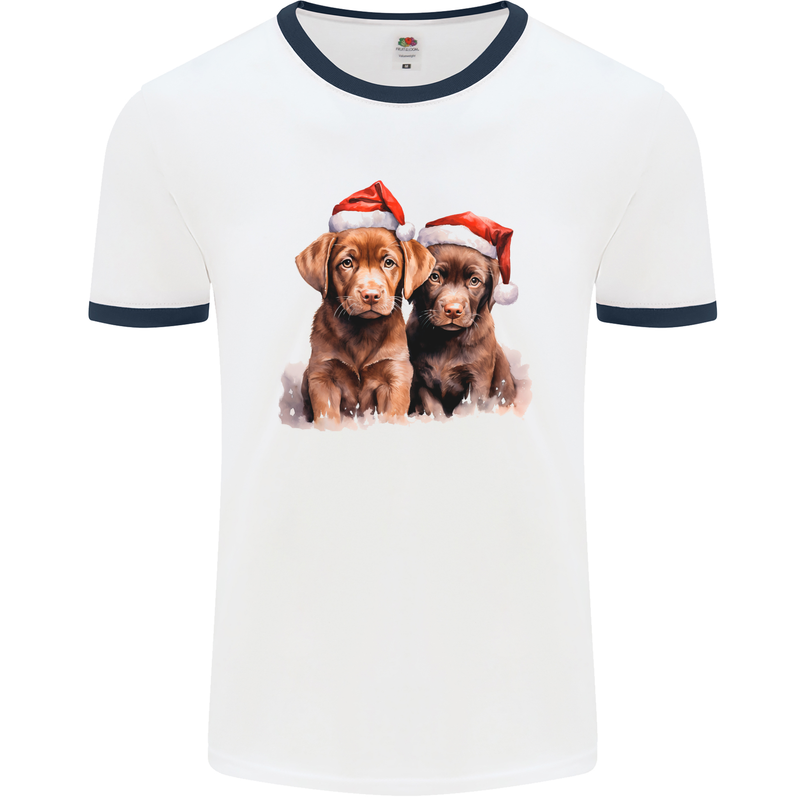 Chocolate Labrador Christmas Puppies Xmas Mens Ringer T-Shirt White/Navy Blue