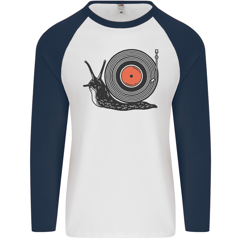 Slug Decks with Vinyl LP DJ DJing Turntable Mens L/S Baseball T-Shirt White/Navy Blue