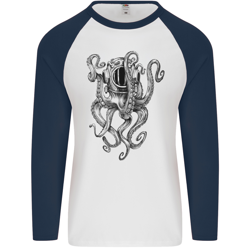 Scuba Diving Octopus Diver Mens L/S Baseball T-Shirt White/Navy Blue