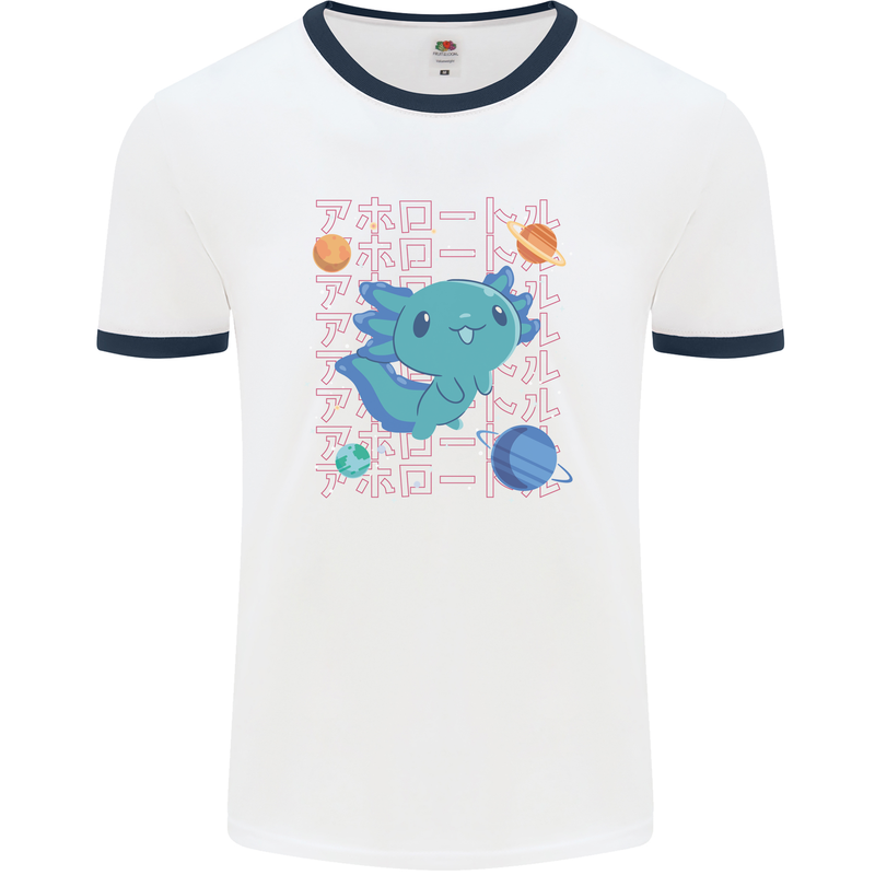 Kawaii Axolotl in Space Mens Ringer T-Shirt White/Navy Blue