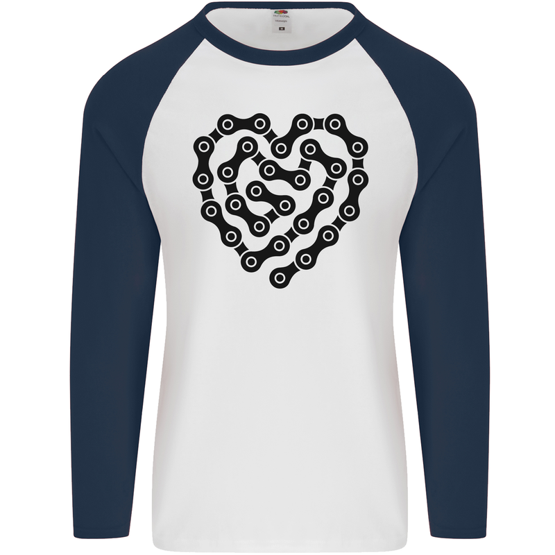 Heart Bike Chain Cycling Biker Motorbike Mens L/S Baseball T-Shirt White/Navy Blue