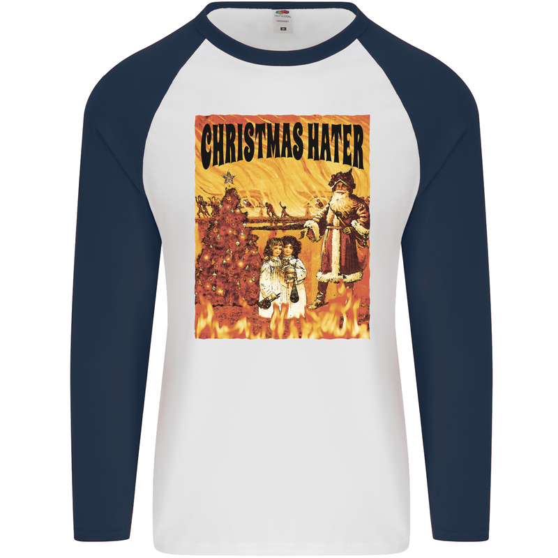 Christmas Hater Bah Humbug Mens L/S Baseball T-Shirt White/Navy Blue