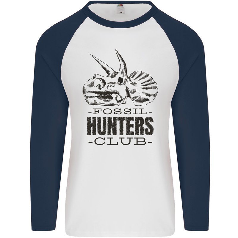 Fossil Hunters Club Paleontology Dinosaurs Mens L/S Baseball T-Shirt White/Navy Blue