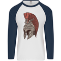 Roman Helmet Bodybuilding Gym Spartan Mens L/S Baseball T-Shirt White/Navy Blue