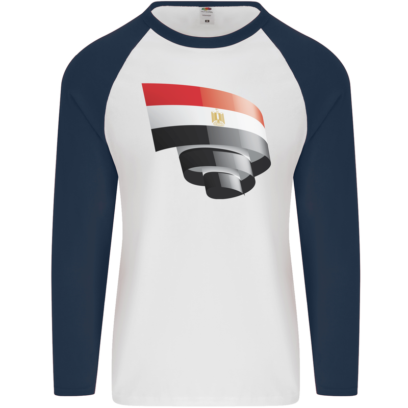 Curled Egypt Flag Egyptian Day Football Mens L/S Baseball T-Shirt White/Navy Blue