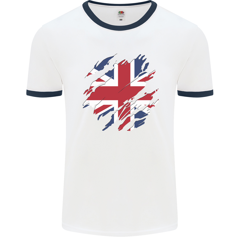 Torn British Flag Union Jack Britain Mens Ringer T-Shirt White/Navy Blue