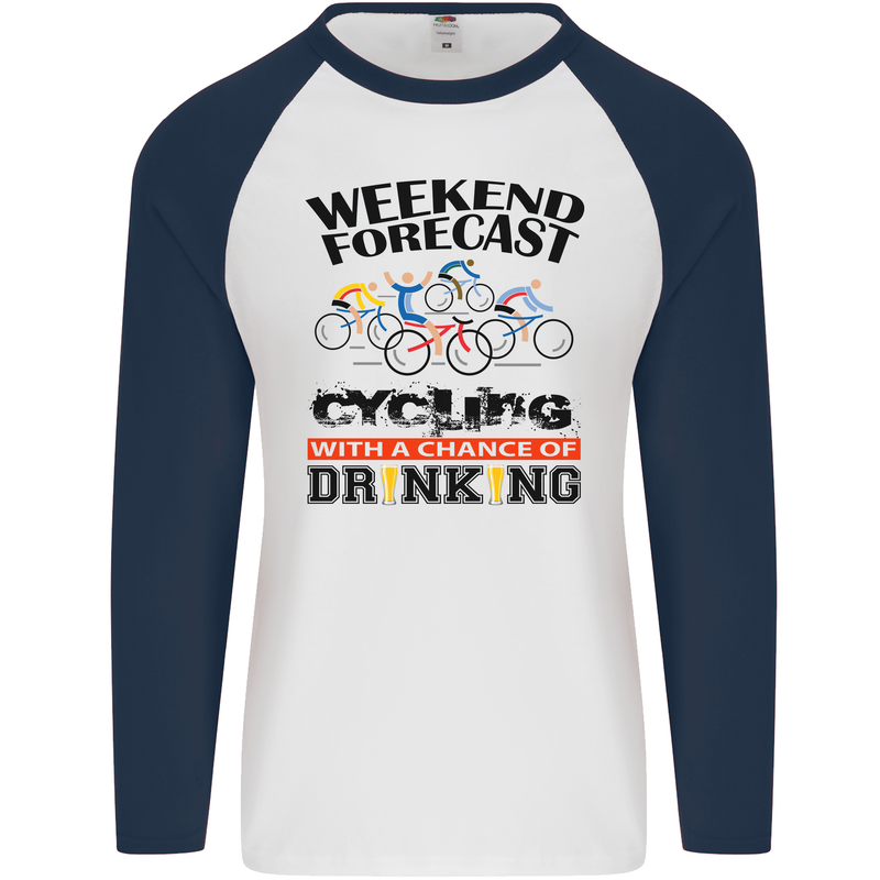 Weekend Forecast Cycling Cyclist Bicycle Mens L/S Baseball T-Shirt White/Navy Blue