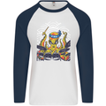 Japanese Octopus Drummer Drumming Drums Mens L/S Baseball T-Shirt White/Navy Blue