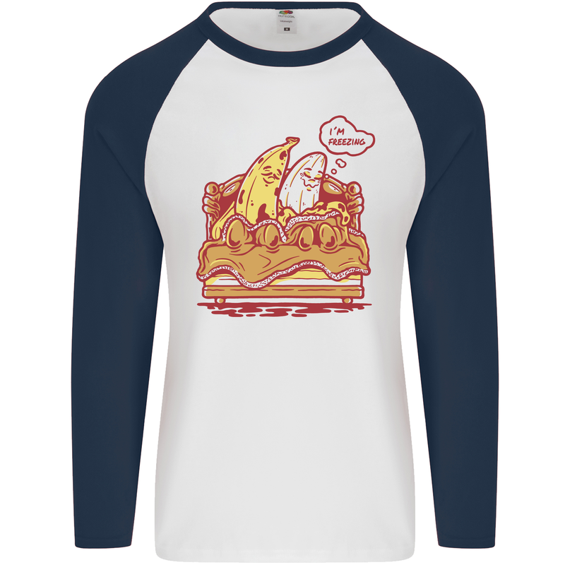 A Naked Banana Cold in Bed Mens L/S Baseball T-Shirt White/Navy Blue