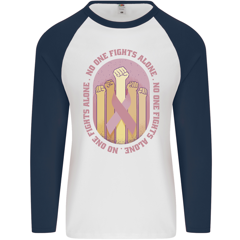 Breast Cancer Awareness Fights Alone Mens L/S Baseball T-Shirt White/Navy Blue