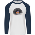 Vinyl Sunset Record LP Turntable Music Mens L/S Baseball T-Shirt White/Navy Blue