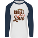 Christian Rooted in Love Christianity Jesus Mens L/S Baseball T-Shirt White/Navy Blue