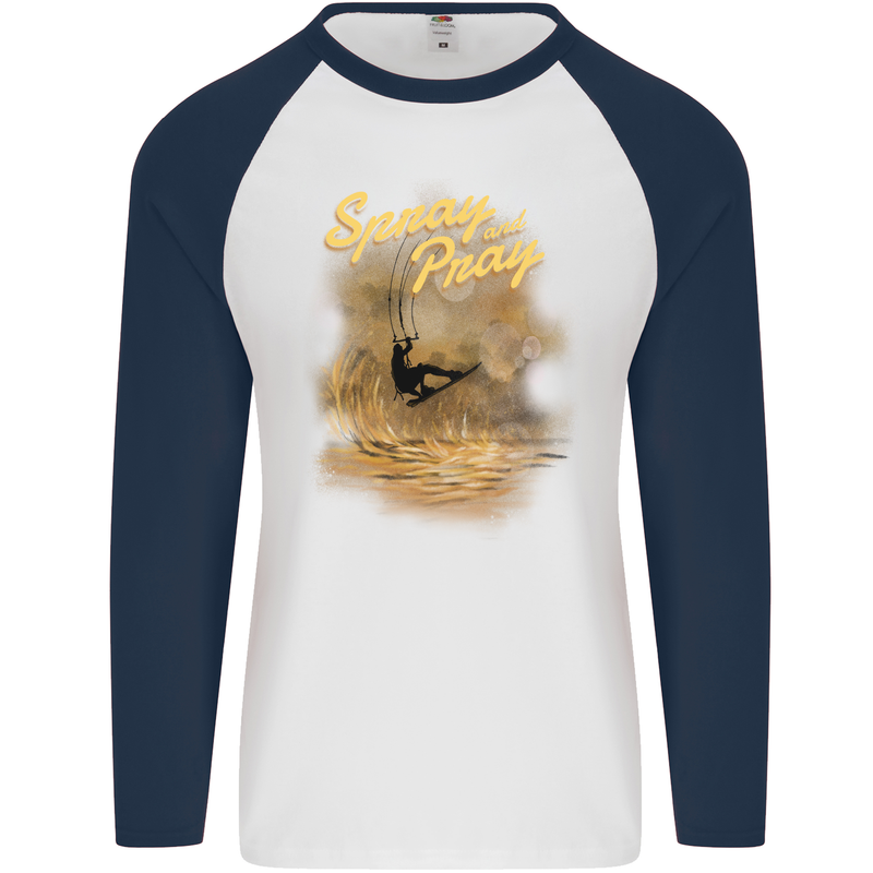 Kitesurfing Spray and Pray Mens L/S Baseball T-Shirt White/Navy Blue