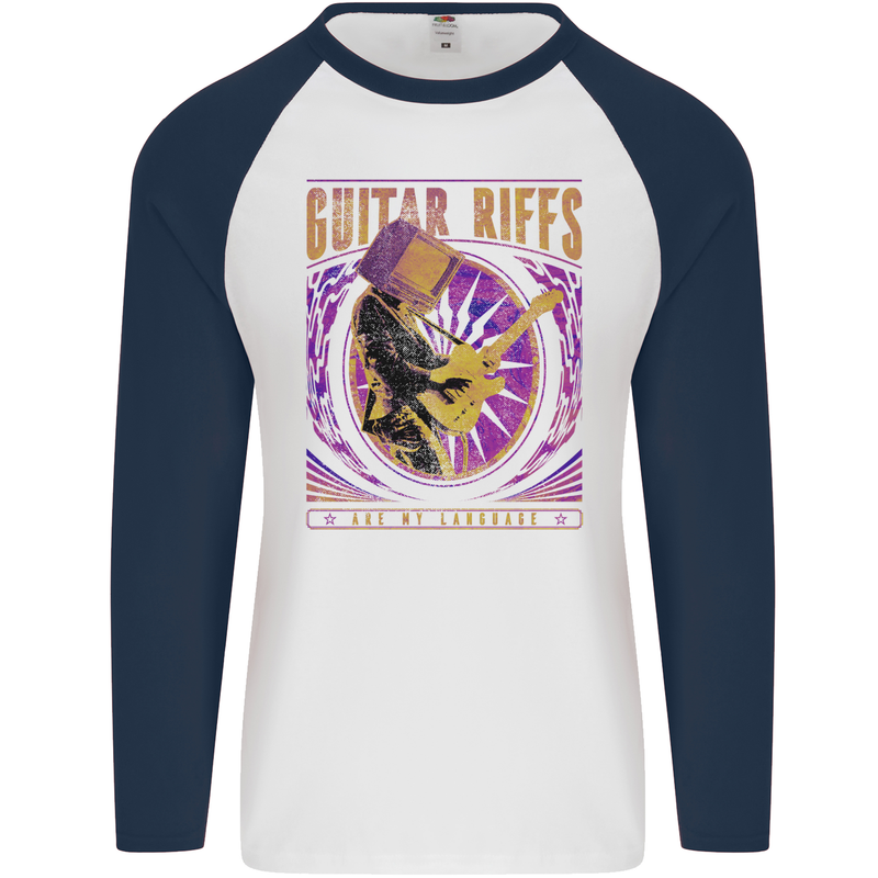 Guitar Riffs are My Language Mens L/S Baseball T-Shirt White/Navy Blue