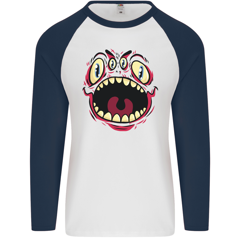 Four Eyed Scary Monster Halloween Mens L/S Baseball T-Shirt White/Navy Blue