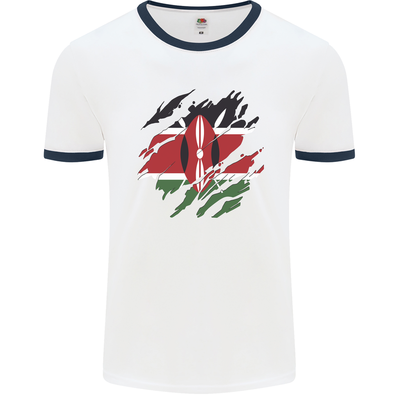 Torn Kenya Flag Kenyan Day Football Mens Ringer T-Shirt White/Navy Blue