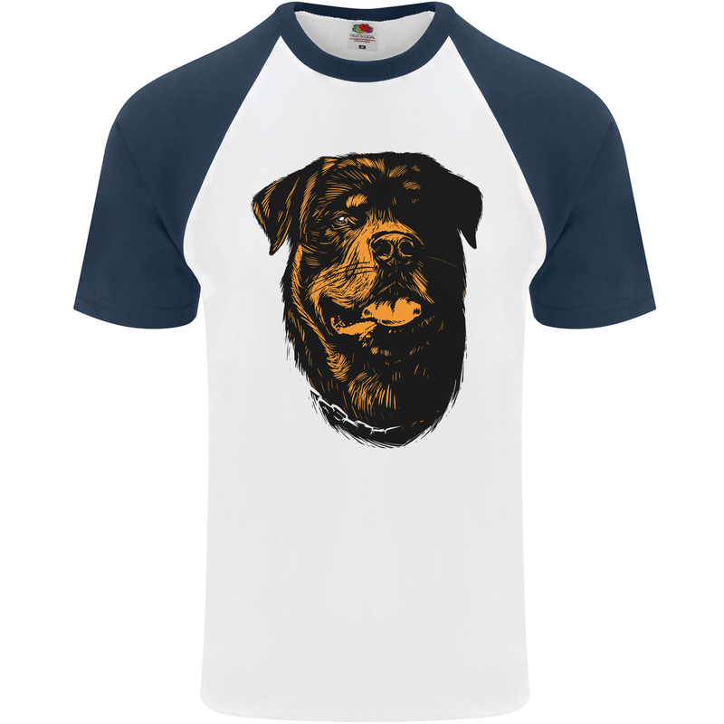 Rottweiller Head Dog Mens S/S Baseball T-Shirt White/Navy Blue