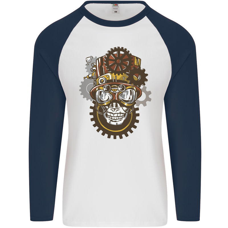 Steampunk Skull Mens L/S Baseball T-Shirt White/Navy Blue