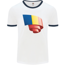 Curled Romania Flag Romanian Day Football Mens Ringer T-Shirt White/Navy Blue