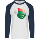 Curled Madagascar Flag Madagascan Day Football Mens L/S Baseball T-Shirt White/Navy Blue