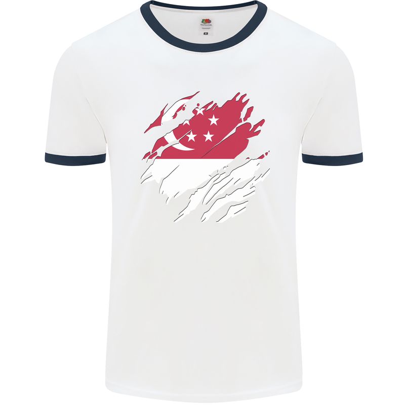 Torn Singapore Flag Singaporean Day Football Mens Ringer T-Shirt White/Navy Blue