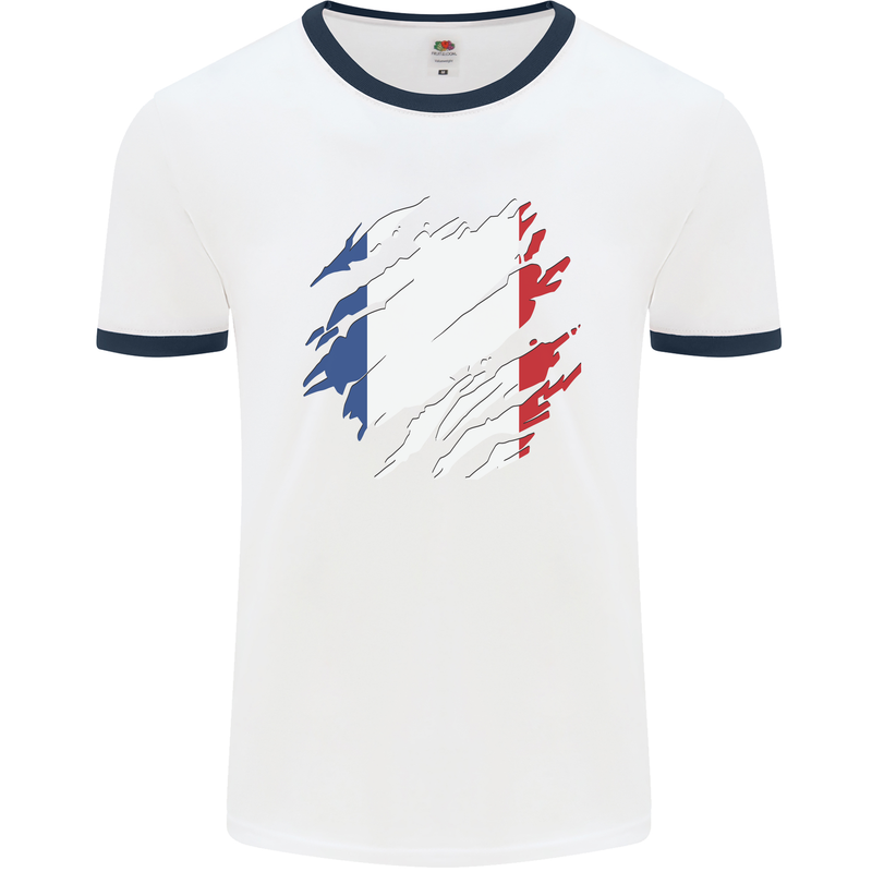Torn France Flag French Day Football Mens Ringer T-Shirt White/Navy Blue