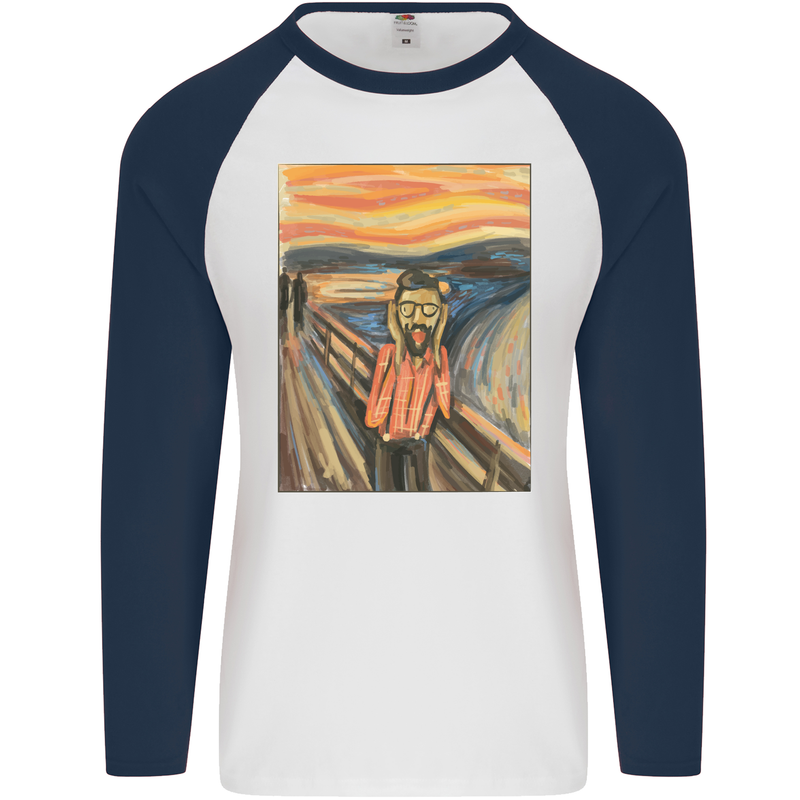 Hipster Scream Painting Mens L/S Baseball T-Shirt White/Navy Blue