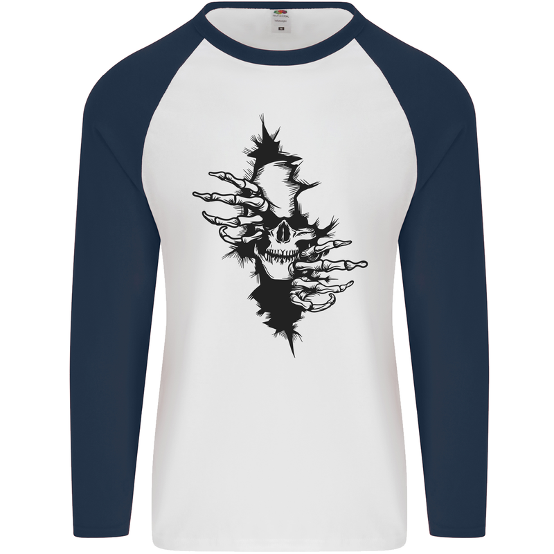 A Skull From a Ripped Shirt Gothic Goth Biker Mens L/S Baseball T-Shirt White/Navy Blue