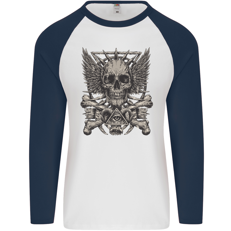 Heavy Metal Skull Rock Music Guitar Biker Mens L/S Baseball T-Shirt White/Navy Blue