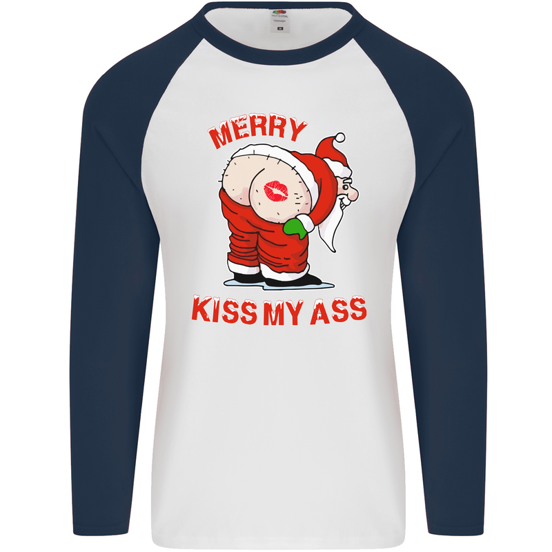 Merry Kiss My Ass Funny Christmas Rude Mens L/S Baseball T-Shirt White/Navy Blue