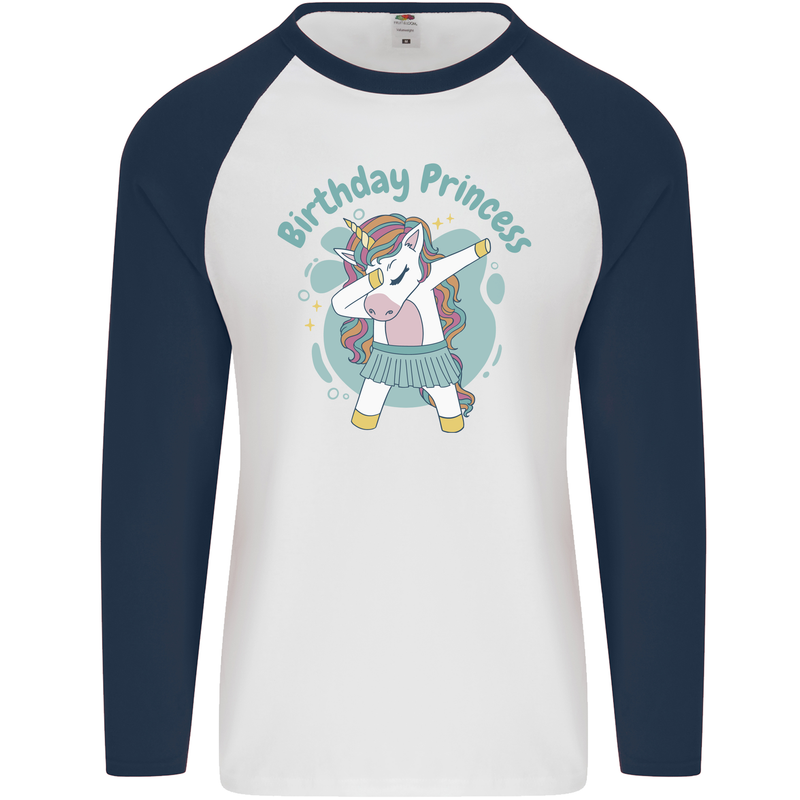 Birthday Princess Unicorn 4th 5th 6th 7th 8th Mens L/S Baseball T-Shirt White/Navy Blue