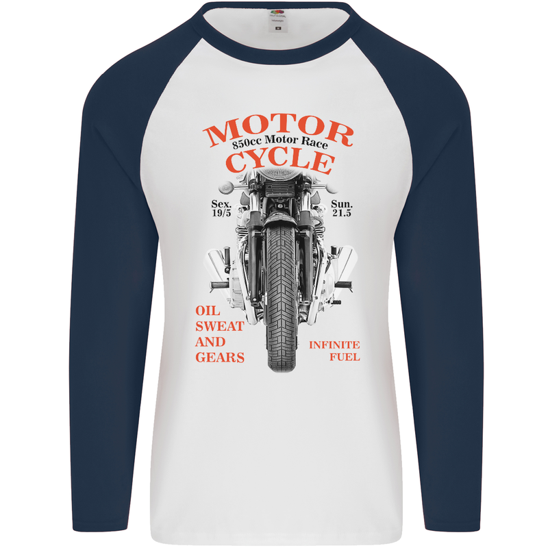 850cc Motor Race Biker Motorcycle Motorbike Mens L/S Baseball T-Shirt White/Navy Blue