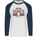 Pitbull I Will Find and Lick You Funny Mens L/S Baseball T-Shirt White/Navy Blue