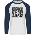 Give up the Gym? Funny Training Top Fitness Mens L/S Baseball T-Shirt White/Navy Blue