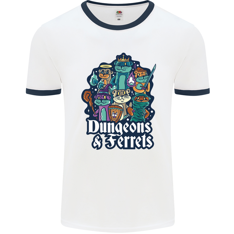 Dungeons & Ferrets Role Play Games RPG Mens Ringer T-Shirt White/Navy Blue